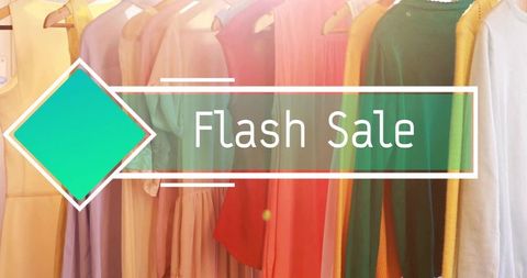 Flash sale banner showing colorful boutique clothing rack with teal diamond badge