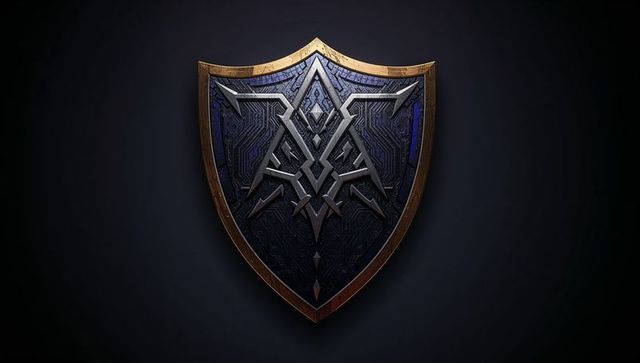 Futuristic shield emblem with gold trim and intricate design