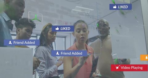 Multigenerational team brainstorming on glass board with social media and ui overlays