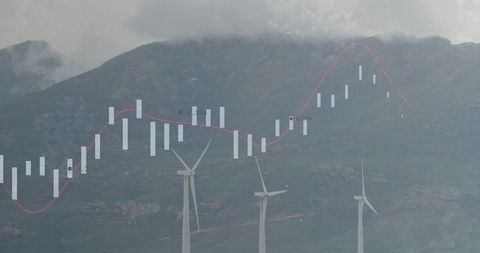 Wind turbines and financial chart against mountain landscape
