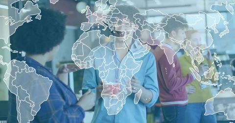 Colleagues Networking at Office Coffee Bar with World Map Overlay for Global Collaboration
