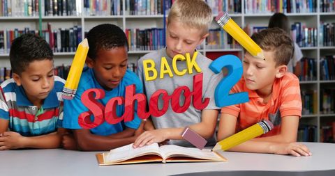 Schoolchildren Reading Book in Class with Back to School Design