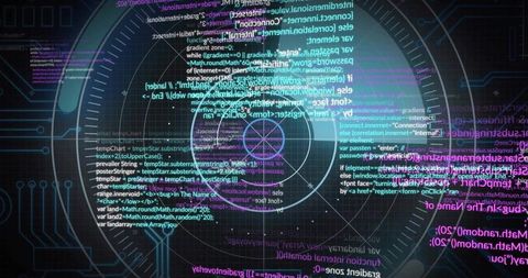 Holographic Cybersecurity HUD with Floating Code and Neon Circuit Grid