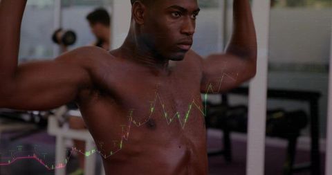 Shirtless man pressing on weight machine, muscular upper body with fitness graph overlay