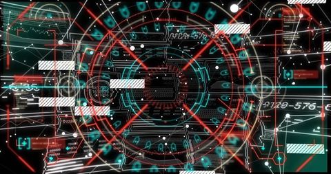 Neon holographic hud reticle overlay showing central chip map with red cyan rings