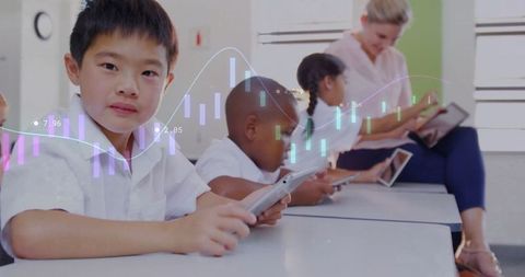 Digital Learning in Classroom with Diverse Students Engaging with Tablets