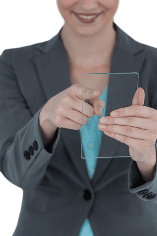 Smiling Businesswoman Holding Transparent Imaginary Technology - Download Free Stock Videos Pikwizard.com
