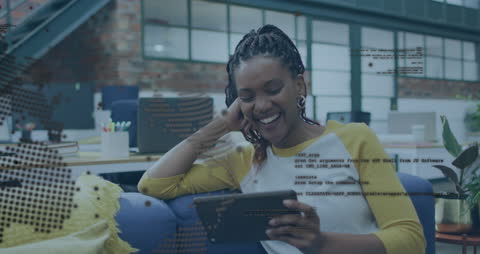 Smiling Woman Using Tablet with Digital interface