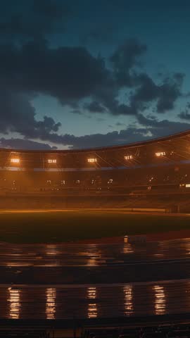 Activating floodlights at twilight, stadium track lanes bathing in amber glow — vertical video