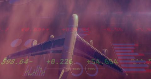 Airplane Flying Through Stocks and Financial Data in Sunset Sky