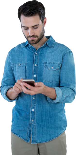 Man in Denim Shirt Using Mobile Phone on Transparent Background - Download Free Stock Videos Pikwizard.com