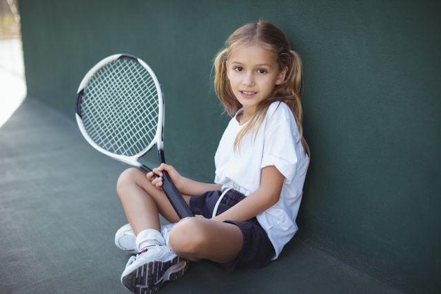Portrait of girl holding tennis racket while sitting at court