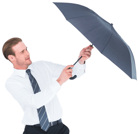 Businessman struggling with umbrella against wind transparent background