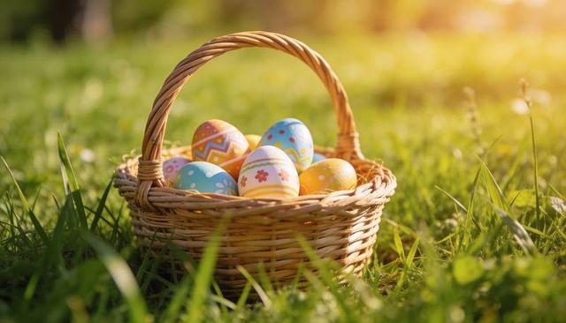 Wicker basket with hand-painted pastel easter eggs on sunlit grass meadow for spring decor