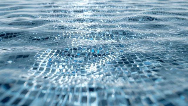 Shimmering pool mosaic water surface with rippling caustics and reflected light