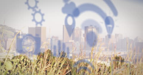 Innovative Technology Icons over Urban Cityscape Concept