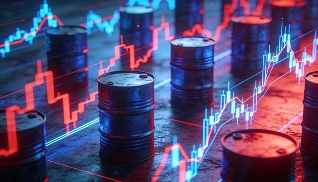 Neon Oil Market Volatility Showing Candlestick Charts Over Metallic Barrels on Wet Floor
