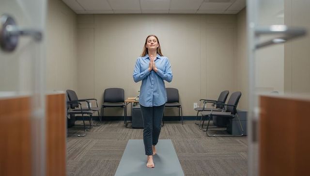 Office yoga practice: woman meditating on mat in corporate waiting room