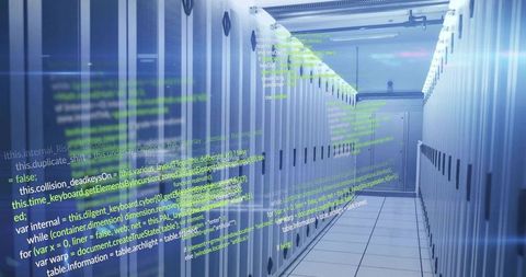 Modern Data Center with Code Overlay Representing Cybersecurity