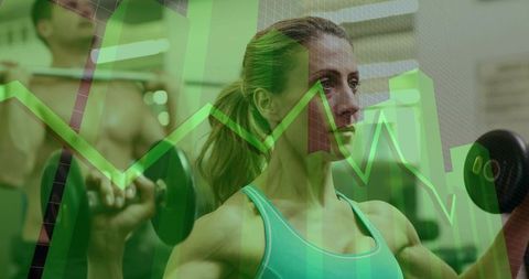 Woman lifting dumbbells for shoulder strength training with green growth chart overlay