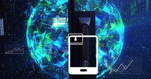 Securing network using holographic globe and smartphone icon over server rack visualization