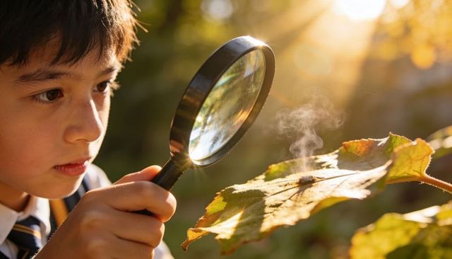 Asian schoolboy examining sunlit steaming leaf with magnifying glass during golden hour