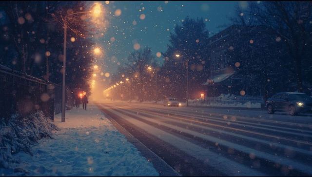 Peaceful Winter Night Street with Snowfall and Glowing Streetlamps
