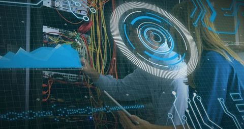 Engineers Working in Server Room with Futuristic Data Interface Overlay - Download Free Stock Images Pikwizard.com