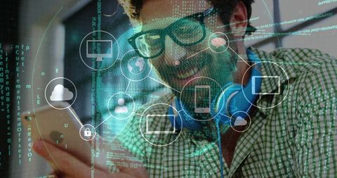 Man interacting with smartphone in tech-driven environment