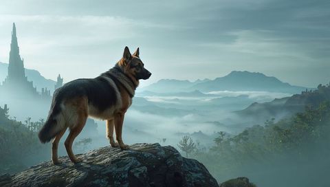 Standing german shepherd surveying misty mountain valley with distant castle spire