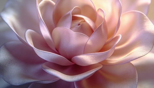 Pale pink satin rose macro showing layered curled petals and shimmering fabric texture