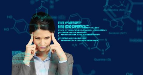 Businesswoman Concentrating Amidst Digital Data and Chemical Formulas - Download Free Stock Images Pikwizard.com