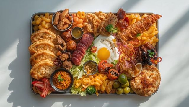 Gourmet brunch tray with pasta, olives, and sausage selection