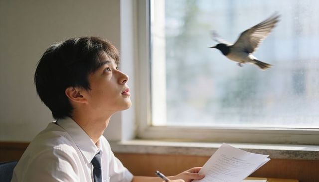 Contemplative student watching bird through classroom window during study session