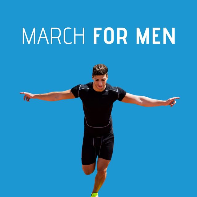 Digital composite image of march for men text over caucasian man running against clear blue sky. event and prostate cancer awareness campaign concept.