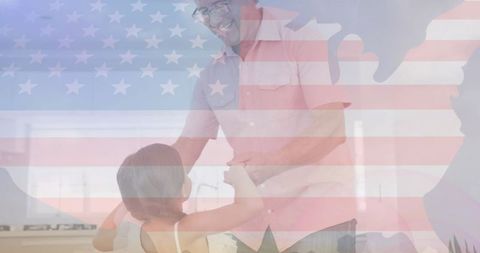 Joyful Father and Daughter with USA Flag Overlay Celebrating at Home