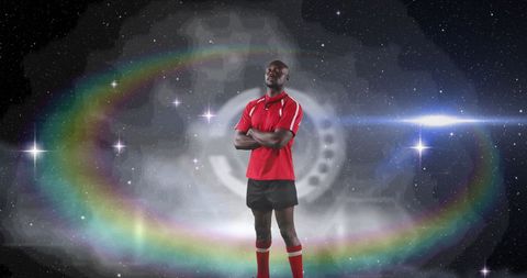 Rugby Player in Cosmic Background with Radiant Light