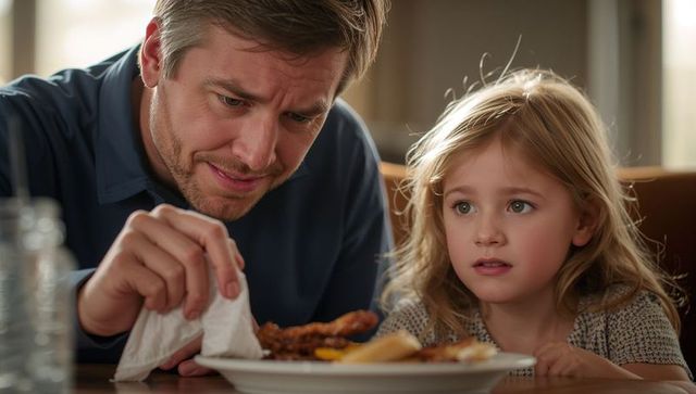Father wiping fallen chicken and fries while young daughter watching at cozy family meal