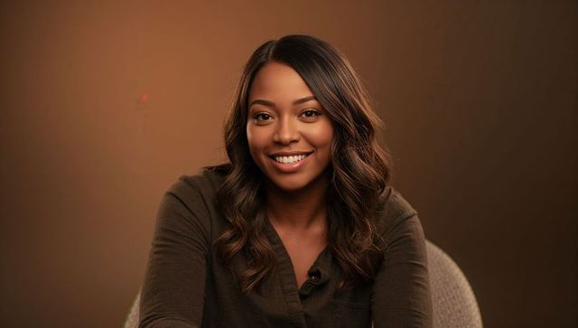 Confident smiling woman wearing brown long-sleeve top against warm brown backdrop