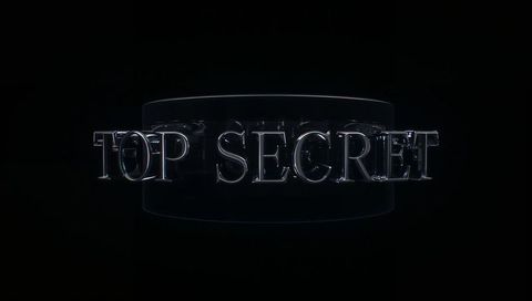 Gleaming metallic top secret 3d letters with reflective glass ring and rim lighting