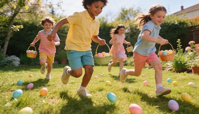 Kids running easter egg hunt in sunny backyard collecting colorful pastel eggs