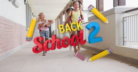 Excited kids returning back to school with back to school creative text