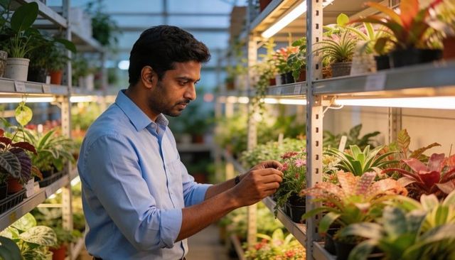Inspecting potted plants under led grow lights on greenhouse shelving, man in blue shirt