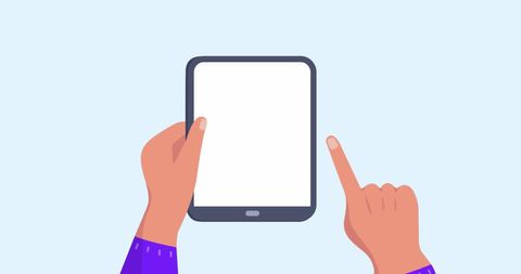 Hands holding tablet with travel icons theme