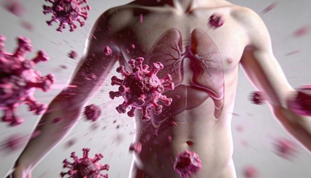 Bare male torso showing lungs under viral attack, medical and respiratory visualization