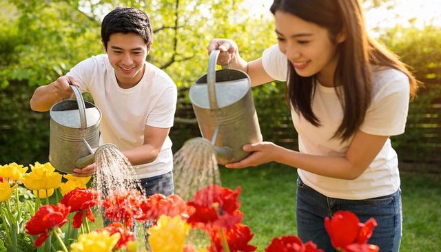 Couple watering vibrant red and yellow tulips in backyard during golden hour