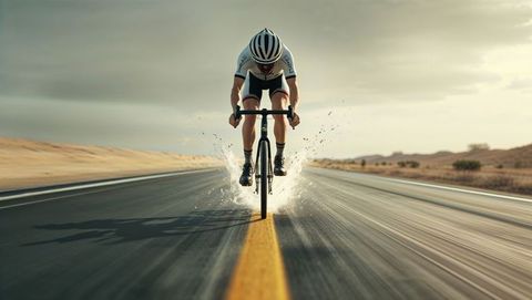 Cyclist racing down desert highway, splashing through water puddle in a crazy scene