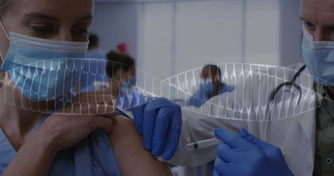Doctor Administering Vaccine with DNA Strand Overlay