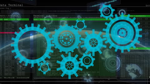 Animation of Digital Cogs over Data Display on Futuristic Screen