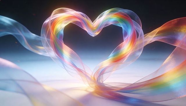 Iridescent rainbow ribbon forming heart shape floating over soft reflective surface
